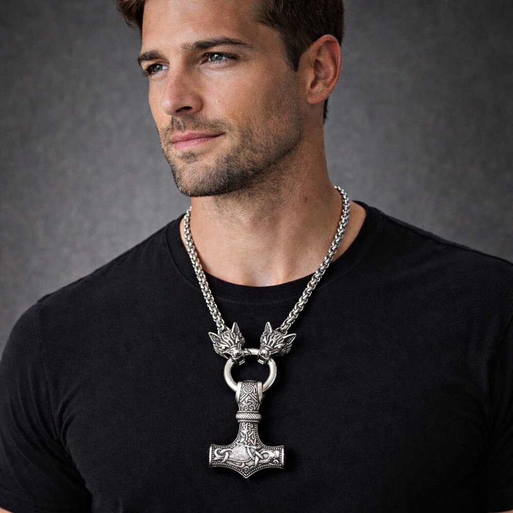 Wolf Head Mjolnir Thor Hammer Pendant Steel Necklace Viking Celtic Norse Gifts